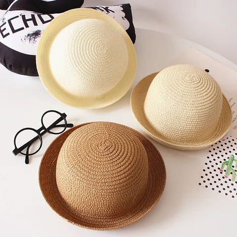 Woven Straw Hat For Kids Toddler Boys Girls Round Top Curled Brim Summer Sun Hat Breathable Outdoor Travel Beach Cap