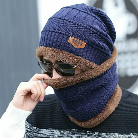 Men Winter Warm Knitted Beanie Hat And Neck Warmer Scarf Set With Thick Fleece Lining For Outdoor Sports Skiing Fishing