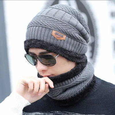 Men Winter Warm Knitted Beanie Hat And Neck Warmer Scarf Set With Thick Fleece Lining For Outdoor Sports Skiing Fishing