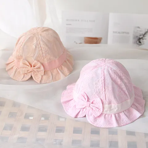 Baby Girl Summer Lace Bucket Hat With Large Bow Breathable Cotton Mesh Sun Hat For Infants Toddlers Ruffle Edge Sun Protection Hat