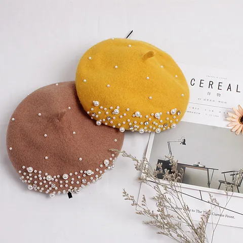 Kids Toddler Girl Corduroy Beret Hat Artificial Pearl Rhinestone Decorated Sweet Princess Style Round Top Pumpkin Cap