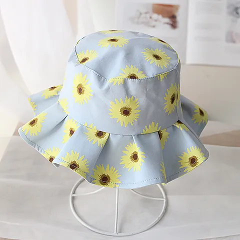 Sunflower Print Kids Fisherman Hat Cotton Wide Brim Sun Protection Ruffle Edge Summer Basin Hat For Toddler Girls Baby