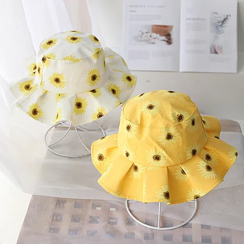 Sunflower Print Kids Fisherman Hat Cotton Wide Brim Sun Protection Ruffle Edge Summer Basin Hat For Toddler Girls Baby