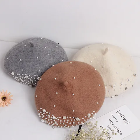 Kids Toddler Girl Corduroy Beret Hat Artificial Pearl Rhinestone Decorated Sweet Princess Style Round Top Pumpkin Cap
