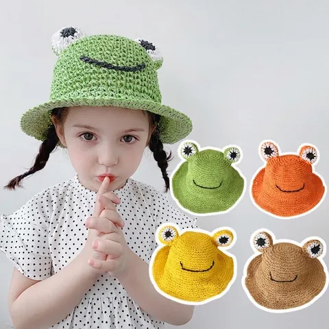 Kinder Cartoon Kikker Strohoed Schattig Haakwerk Zonbescherming Vissershoed Ademend Outdoor Reizen Strand Zomer Zonnehoed Voor Kinderen