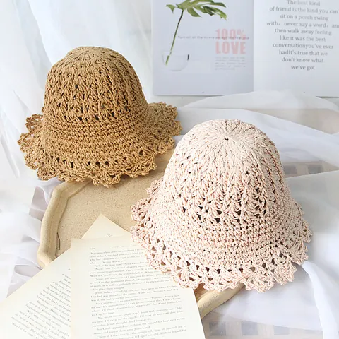 Kids Korean Style Sweet Crochet Straw Hat Sun Protection Breathable Hollow Out Wavy Brim Beach Bucket Hat For Girls Baby Toddler Summer Vacation