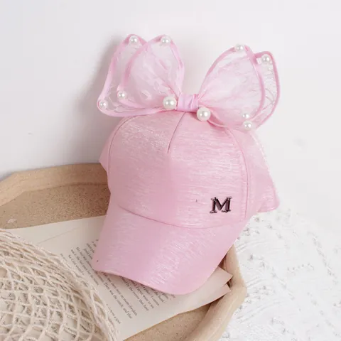 Kids Girls Sweet Lace Bow Baseball Cap With Artificial Pearl Letter M Decoration Summer Sun Hat Korean Style Outdoor Travel Cap
