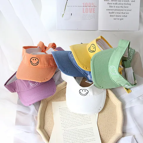 Kids Cotton Canvas Sun Visor Hat Distressed Frayed Edge Embroidered Smiley Face Adjustable Summer Sun Protection Hat For Boys Girls