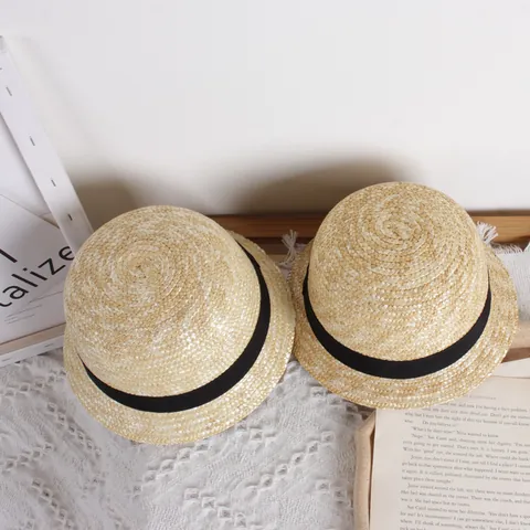 Cappello di Paglia Stile Giapponese per Bambini Protezione Solare Estiva con Fiocco in Nastro Nero per Ragazzi e Ragazze