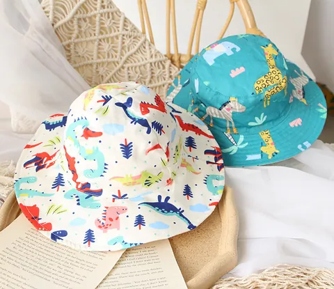 Kids Cotton Fisherman Hat Cartoon Dinosaur Animal Floral Print Sun Hat Wide Brim Outdoor Bucket Hat For Toddler Girls Boys