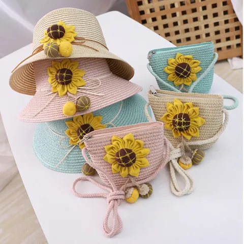 Kids Girls Sunflower Straw Hat And Bag Set Summer Beach Sun Protection Hand-Woven Pastoral Style Accessory Set