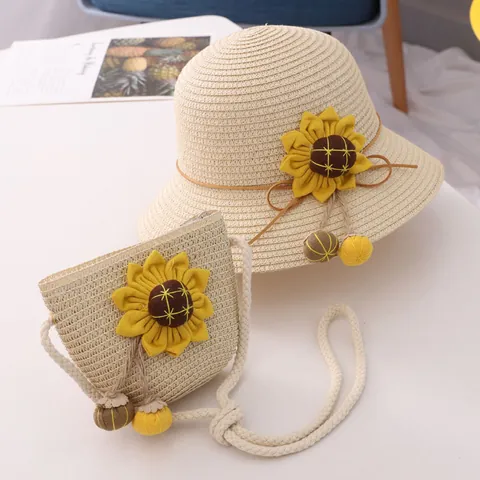Kids Girls Sunflower Straw Hat And Bag Set Summer Beach Sun Protection Hand-Woven Pastoral Style Accessory Set