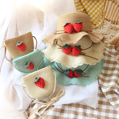Girls Sweet Strawberry Woven Straw Hat And Matching Crossbody Bag Summer Sun Protection Breathable Foldable Beach Hat