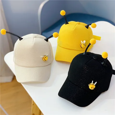 Linda Gorra de Béisbol de Abeja para Niños Con Divertidas Antenas 3D Pompones Mezcla de Algodón Sombrero de Sol Ajustable Exterior