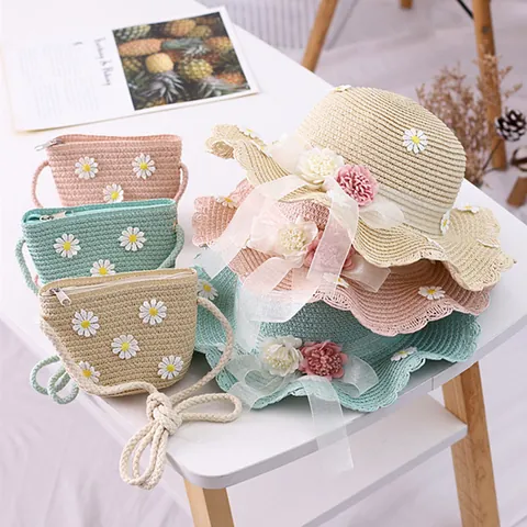 Children Summer Straw Hat And Bag Set Daisy Flower Sun Protection Woven Beach Hat With Ribbon For Kids Girls Outdoor Travel
