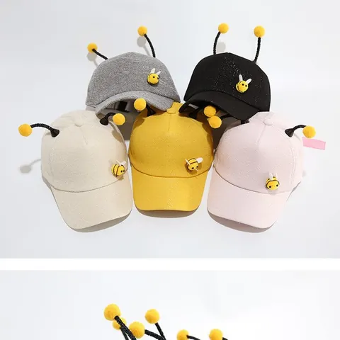 Linda Gorra de Béisbol de Abeja para Niños Con Divertidas Antenas 3D Pompones Mezcla de Algodón Sombrero de Sol Ajustable Exterior