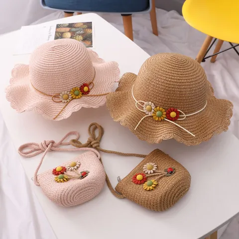 Set Cappello di Paglia Estivo per Bambini e Borsa a Tracolla Floreale per Ragazze Bordo Ondulato Protezione Solare da Spiaggia