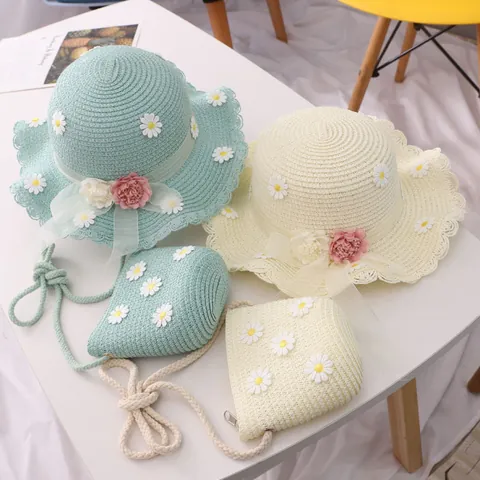 Children Summer Straw Hat And Bag Set Daisy Flower Sun Protection Woven Beach Hat With Ribbon For Kids Girls Outdoor Travel
