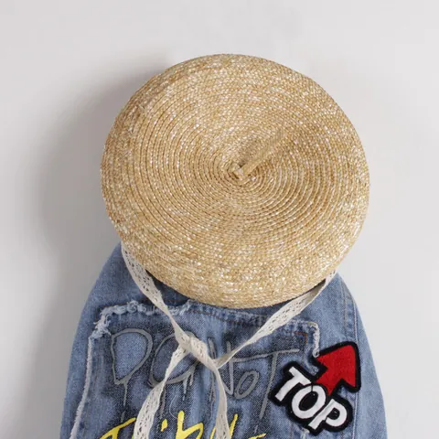 Kinder Stroh Geflochtene Baskenmütze Für Mädchen Sommer Sonnenschutz Strandhut Mit Weißem Spitzenband Retro Mode Beige