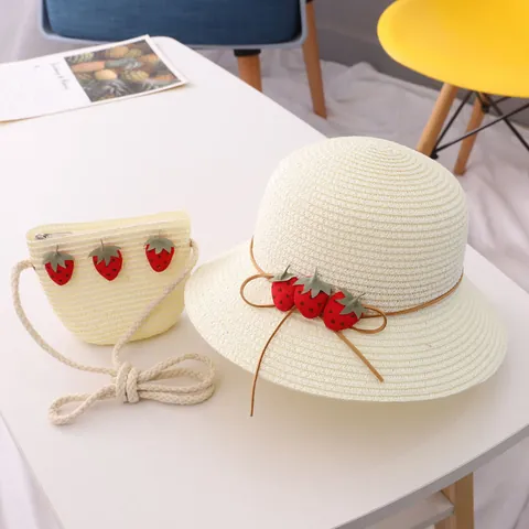 Zoete Kinderen Meisjes Strohoed En Handgeweven Aardbei Schoudertas Zomer Strand Vakantie Pastorale Stijl Accessoires
