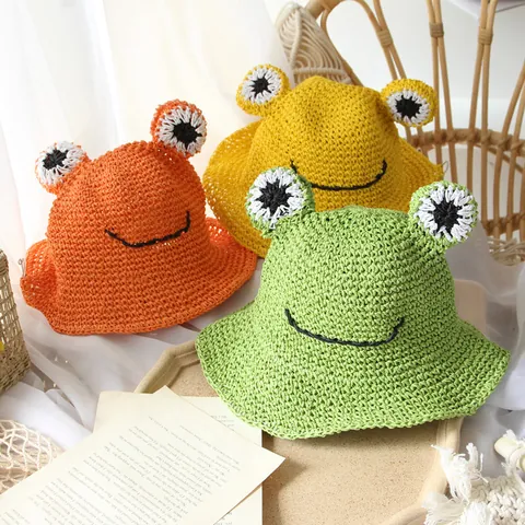 Cappello di Paglia a Forma di Rana Cartone Animato Cappello da Spiaggia Intrecciato a Mano Protezione Solare per Bambini