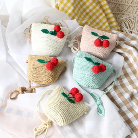 Kids Cute Handwoven Straw Cherry Crossbody Bag Summer Beach Travel Small Shoulder Bag For Toddler Girls Crochet Coin Purse