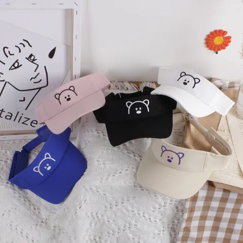 Kids Cartoon Bear Embroidery Sun Visor Adjustable Cotton Open Top Hat Boys Girls Summer Outdoor Breathable Sun Protection Cap