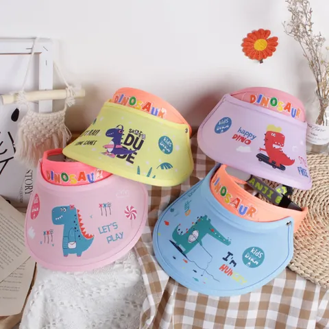Kids Cute Cartoon Dinosaur Print Sun Visor Hat Adjustable Wide Brim UV Protection Summer Beach Topless Cap For Boys Girls
