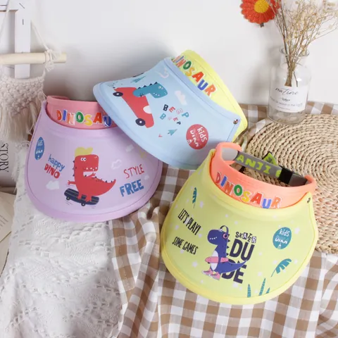 Kids Cute Cartoon Dinosaur Print Sun Visor Hat Adjustable Wide Brim UV Protection Summer Beach Topless Cap For Boys Girls