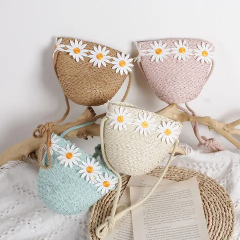 Kids Daisy Straw Crossbody Bag Handwoven Flower Mini Coin Purse For Baby Girls Cute Rural Summer Beach Travel Shoulder Bag