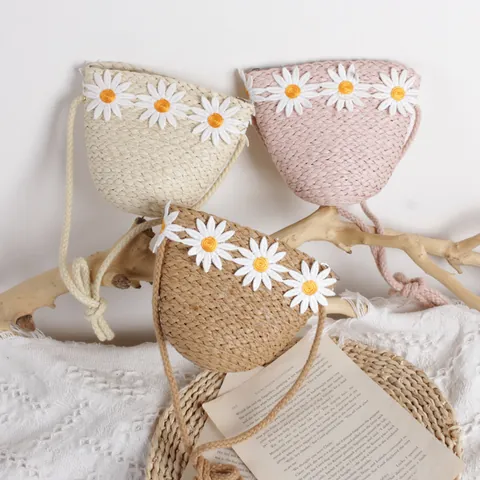 Kids Daisy Straw Crossbody Bag Handwoven Flower Mini Coin Purse For Baby Girls Cute Rural Summer Beach Travel Shoulder Bag
