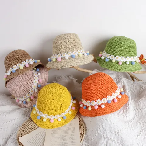 Kids Daisy Pom Pom Woven Straw Hat And Crossbody Bag Summer Beach Sun Protection Fashion Accessories For Girls