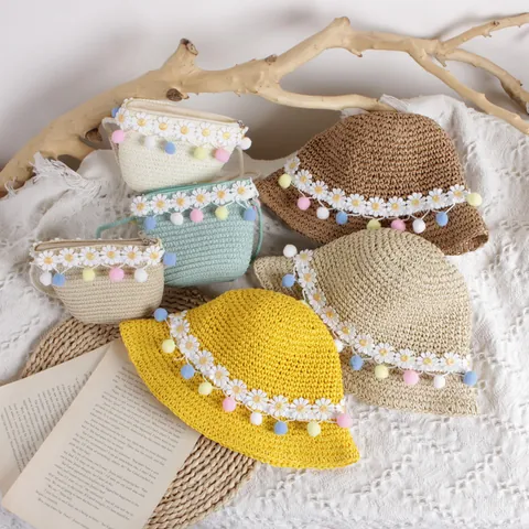 Kids Daisy Pom Pom Woven Straw Hat And Crossbody Bag Summer Beach Sun Protection Fashion Accessories For Girls