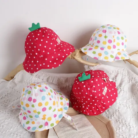 Kids Strawberry Polka Dot Fisherman Hat Baby Sun Protection Cotton Bucket Hat Summer Outdoor Travel Sun Hat For Boys Girls