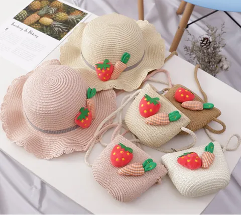 Kids Summer Straw Sun Hat And Matching Bag Set Strawberry Carrot Woven Beach Hat With Wavy Edge For Girls Vacation