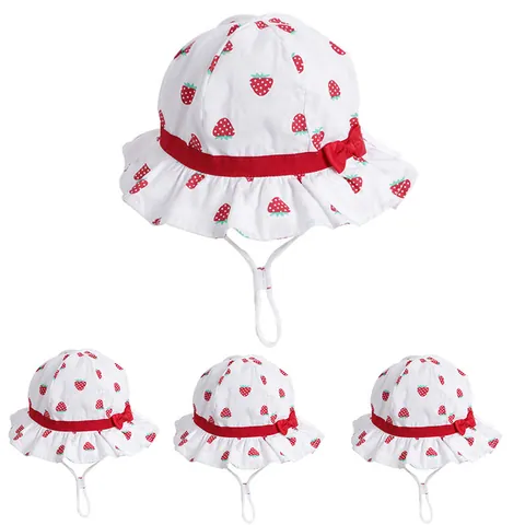 Sweet Strawberry Baby Bucket Hat Cotton Breathable Sun Protection Fisherman Hat With Bow Wave Edge For Toddlers Girls