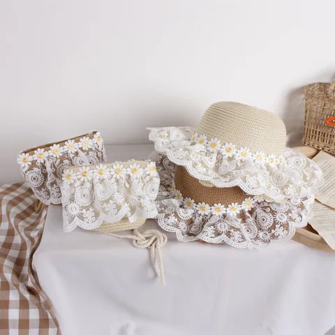 Kids Girls Straw Sun Hat Daisy Floral Lace Trim Or Summer Beach Vacation Straw Bag Pastoral Style Woven Accessory For Children