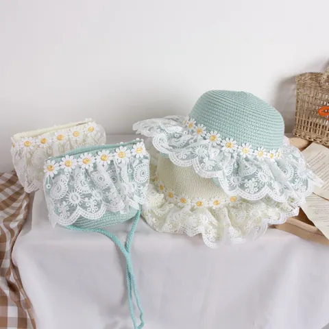 Kids Girls Straw Sun Hat Daisy Floral Lace Trim Or Summer Beach Vacation Straw Bag Pastoral Style Woven Accessory For Children
