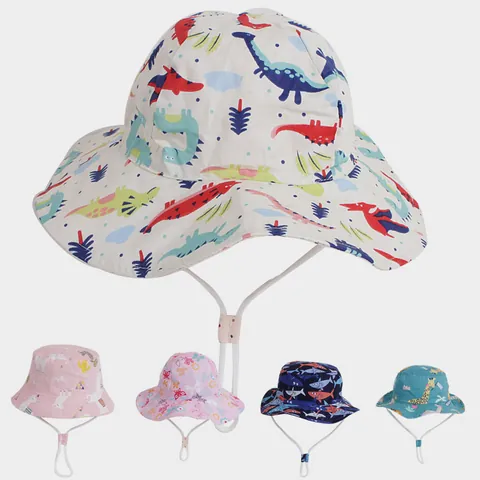 Kids Cartoon Cotton Bucket Hat With Adjustable Windproof Strap Sun Protection Outdoor Travel Sun Hat For Boys Girls
