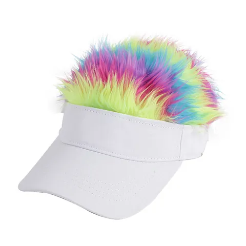 Novelty Cotton Visor Hat With Rainbow Faux Fur Wig Funny Costume Headwear For Outdoor Sports Party Adults Unisex