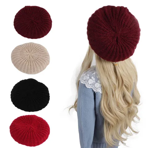 Kids Knit Beret Hat Solid Color Knitted Painter Hat For Boys Girls Autumn Winter Warm Beanie Fashion Accessory