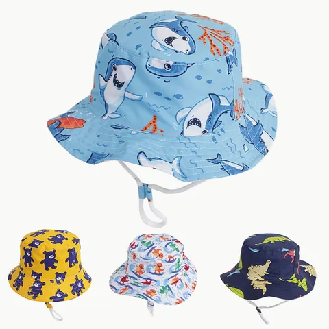 Kids Cotton Bucket Hat Cartoon Dinosaur Shark Bear Printed Sun Protection Sun Cap With Adjustable Windproof String Boys Girls