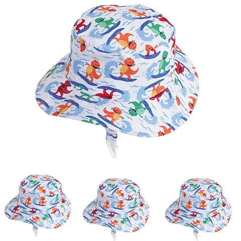Kids Cotton Bucket Hat Cartoon Dinosaur Shark Bear Printed Sun Protection Sun Cap With Adjustable Windproof String Boys Girls