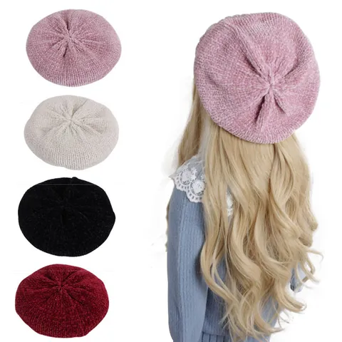 Boina de Punto de Invierno para Niños de Chenilla Suave Color Sólido Gorro de Pintor Cálido para Niños Niñas Gorra de Artista Vintage