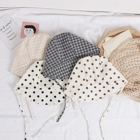 Baby Girls Cotton Polka Dot Grid Bonnet Hat Sun Protection Fisherman Hat With Adjustable Ties For Outdoor Kids Travel