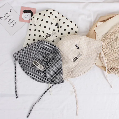 Baby Girls Cotton Polka Dot Grid Bonnet Hat Sun Protection Fisherman Hat With Adjustable Ties For Outdoor Kids Travel