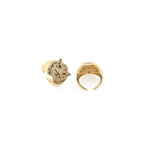 18K Gold Plated Copper Tiger Head Adjustable Open Ring With Zirconia Enamel Details Vintage Statement Jewelry For Women Men
