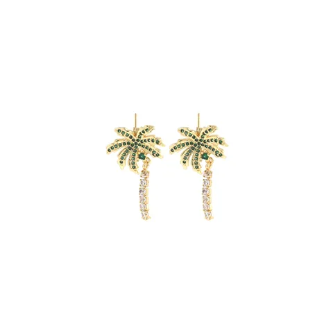 Tropical Coconut Tree Stud Earrings For Women Copper Gold Silver Plated Green White Zirconia Plant Dangle Jewelry Gift