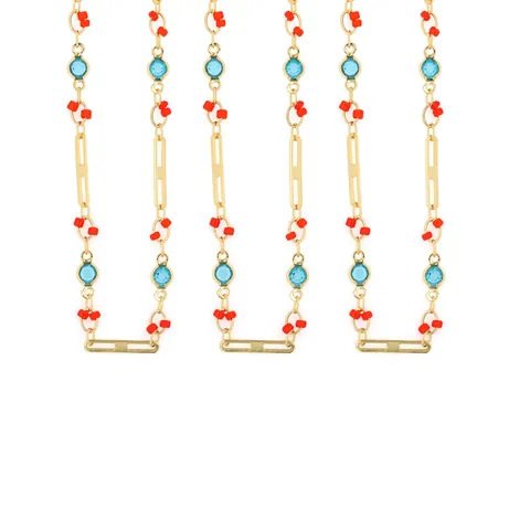 18K Gold Plated Copper Two-Tone Long Chain With Blue Crystal Red Bead For DIY Jewelry Necklace Making Accessories Bohemian Style