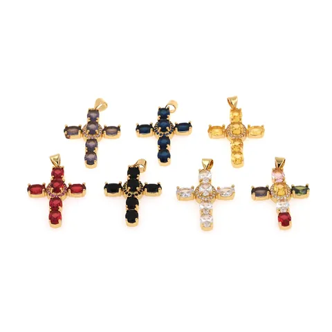 18K Gold Plated Copper Cross Pendant With Zircon Inlaid Religious DIY Necklace Jewelry Making Accessories For Women Men